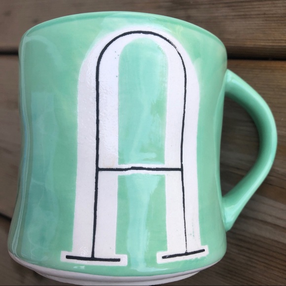 Anthropologie Hand Painted Letter A Coffee Mug Cup Monogram Green - Picture 2 of 5